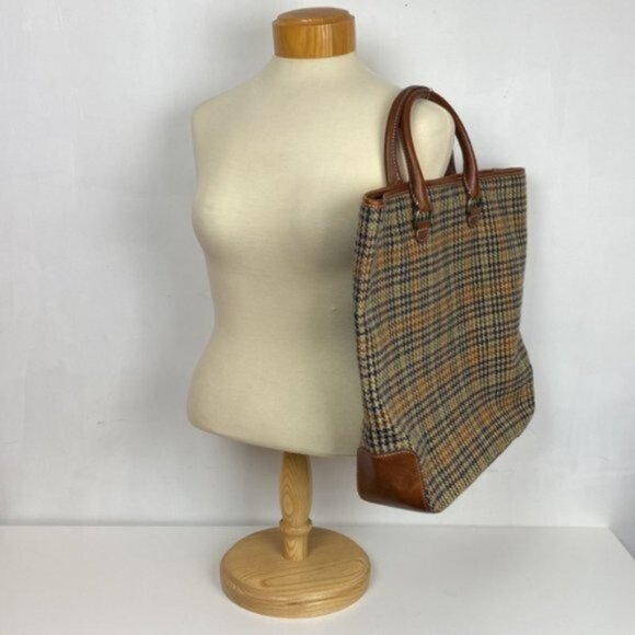 Rare J.Crew Vintage Tote Bag Classic Houndstooth Wool Plaid Leather - Picture 1 of 11